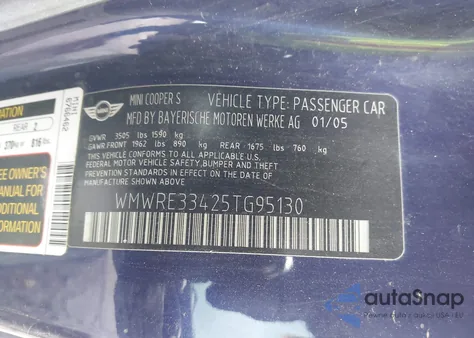 2005 Mini Cooper S from USA, damaged, VIN WMWRE33425TG95130